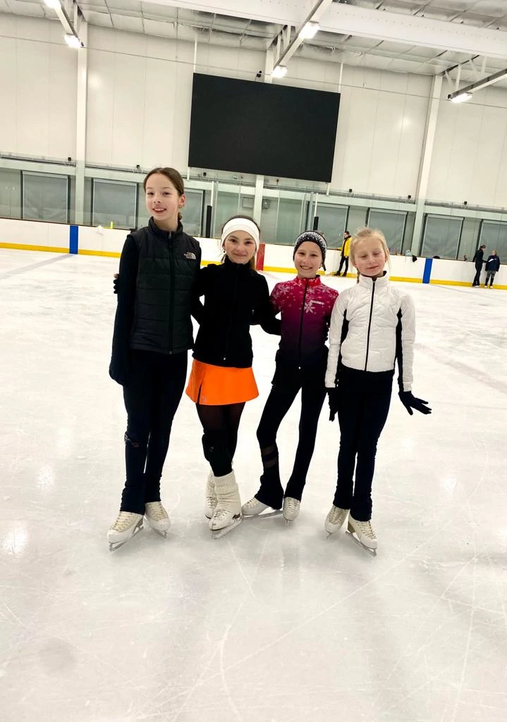 Samantha, Zara, Marthaand Evelina getting ready for 2024 Robin Hood Trophy. #iceskatingacademy #robinhoodthrophy #robincousins